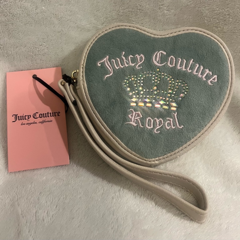 Juicy Couture Sage Heart Wristlet | Bling Crown Logo | Velvet Coin Purse |